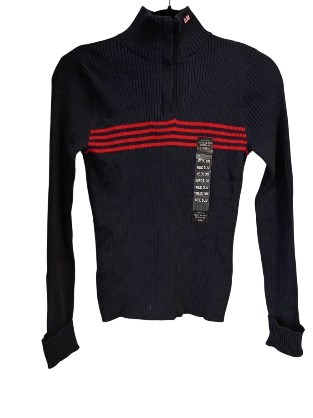 VTG Y2K 90s Polo Ralph Lauren Navy Blue Ribbed Half-Zip Sweater with Red Stripes